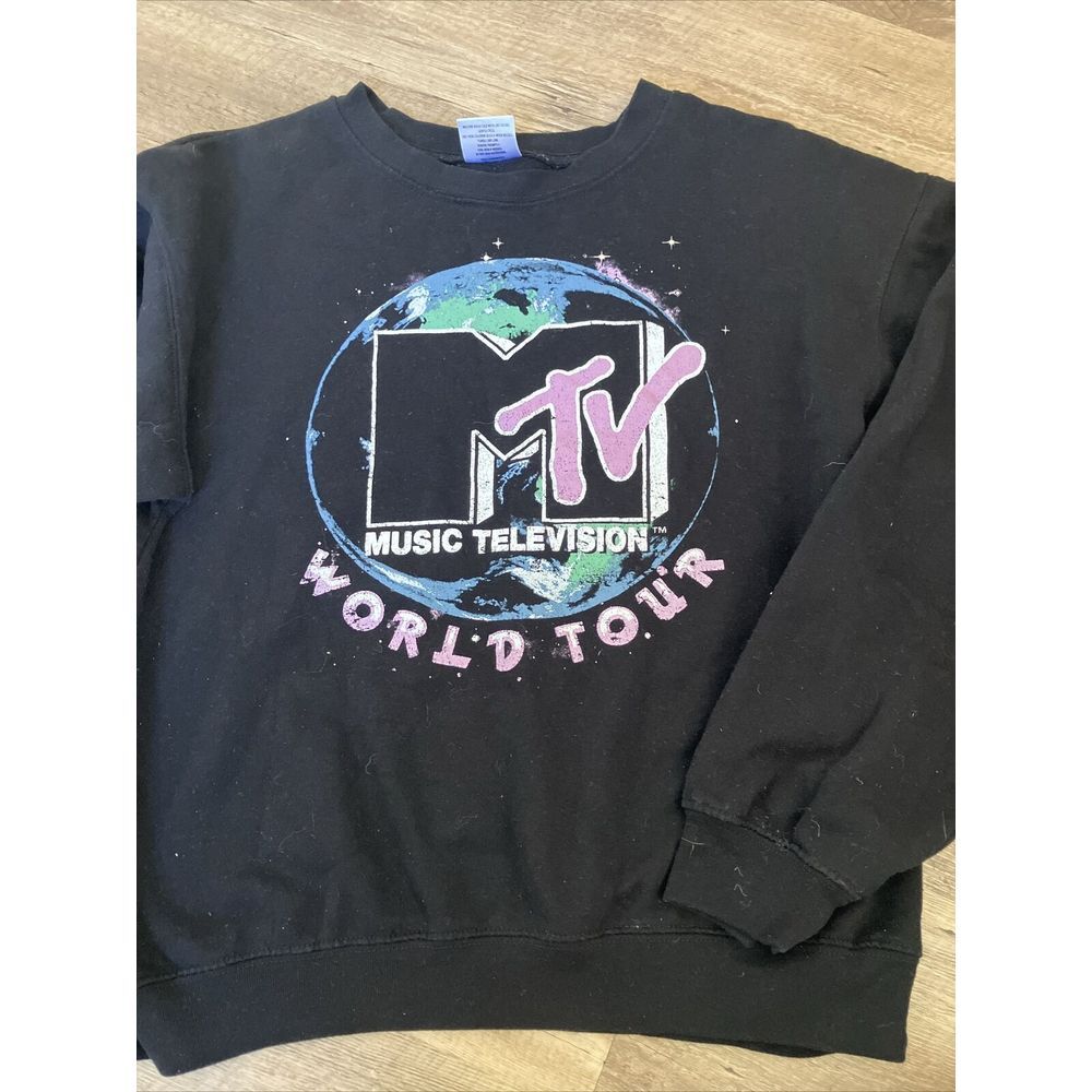 MTV Music‎ Television World Tour Sweatshirt Black Graphic Crewneck Medium M 7-9